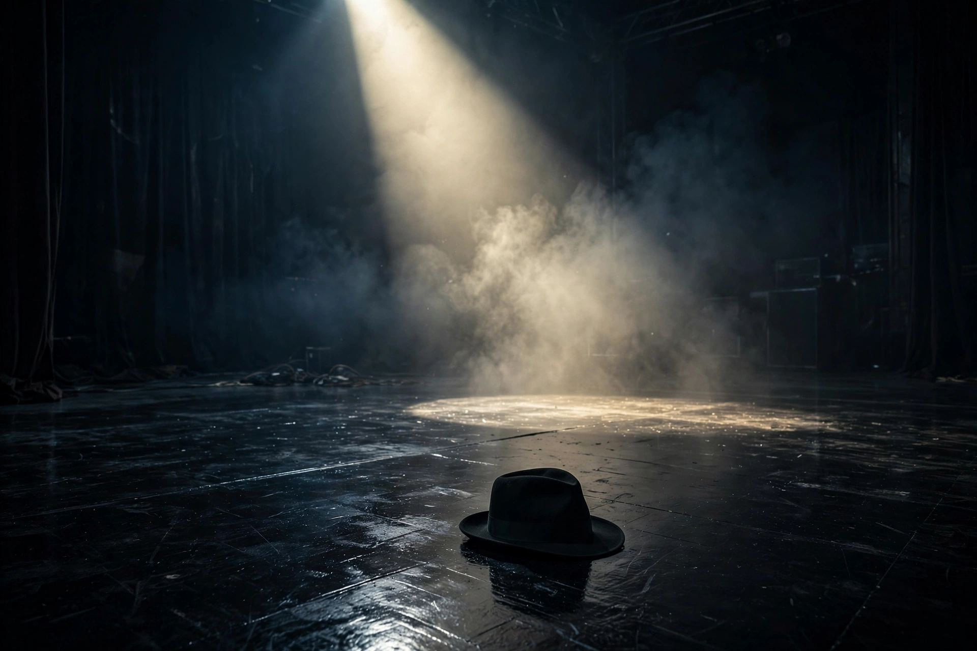 Dark stage under a single spotlight with a fedora, evoking the Billie Jean performance