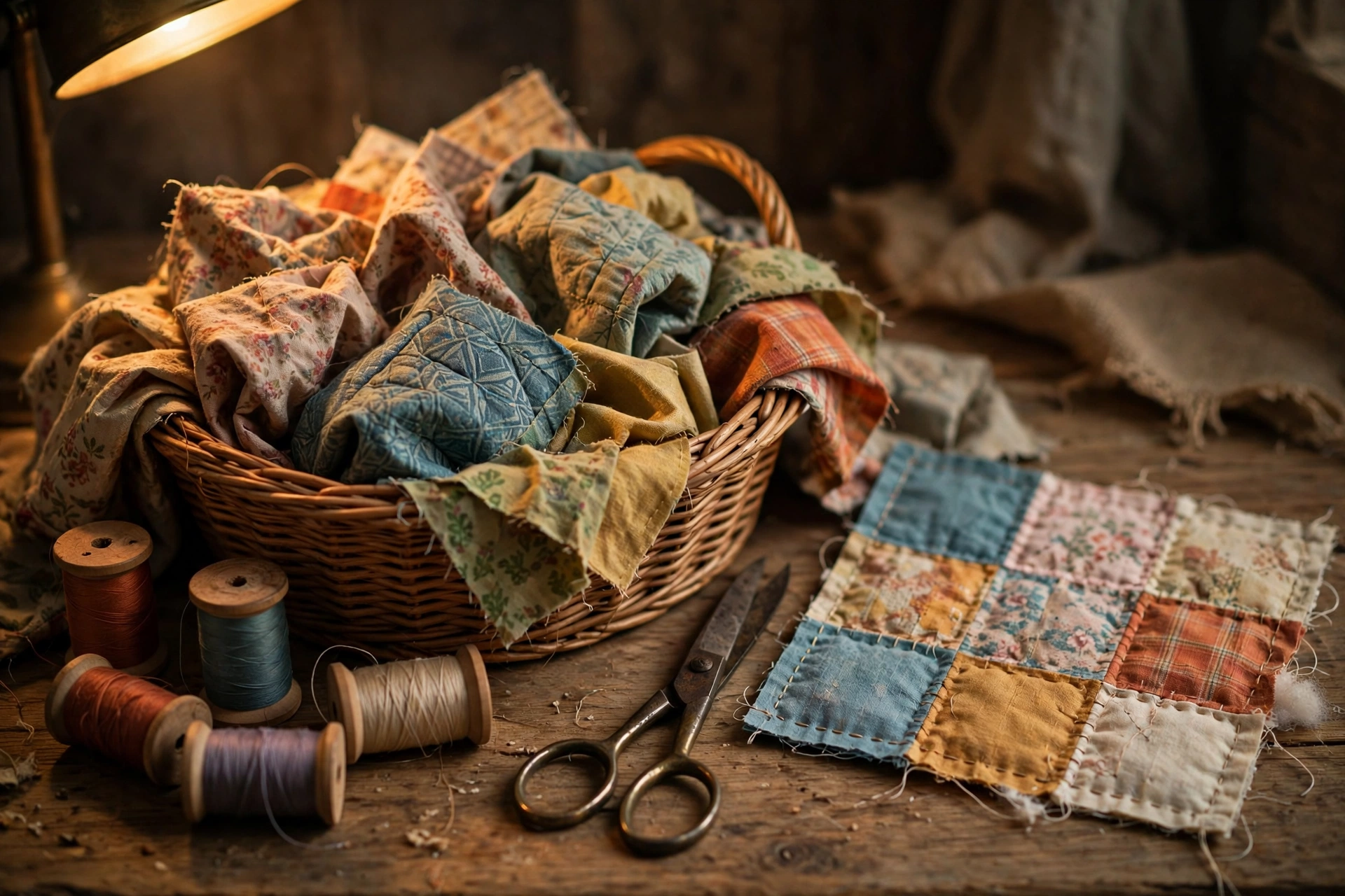 Sewing basket with fabric scraps