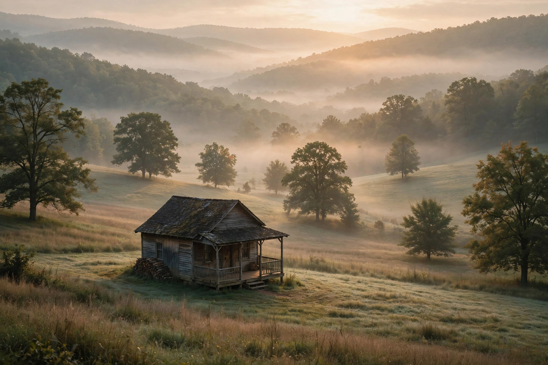 Rural valley at dawn with a small house