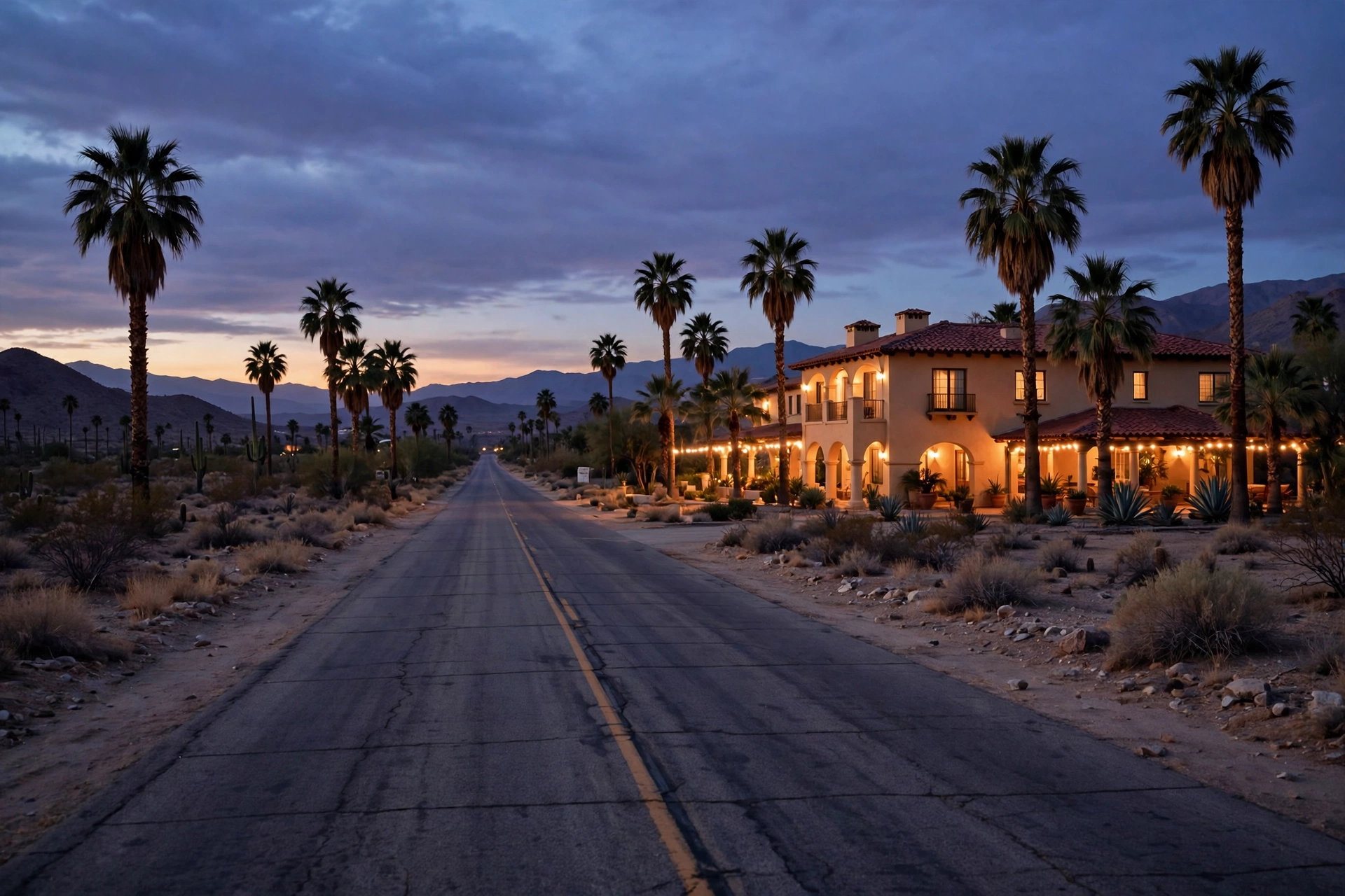 Desert highway at dusk leading to a warmly lit hotel with palm trees, evoking Hotel California