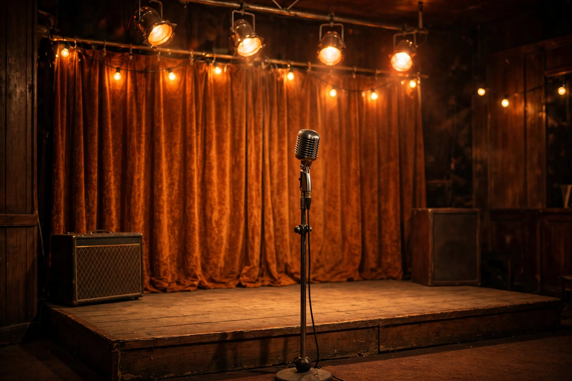 Small retro stage with a vintage microphone under warm lights, evoking the Jackson 5 years