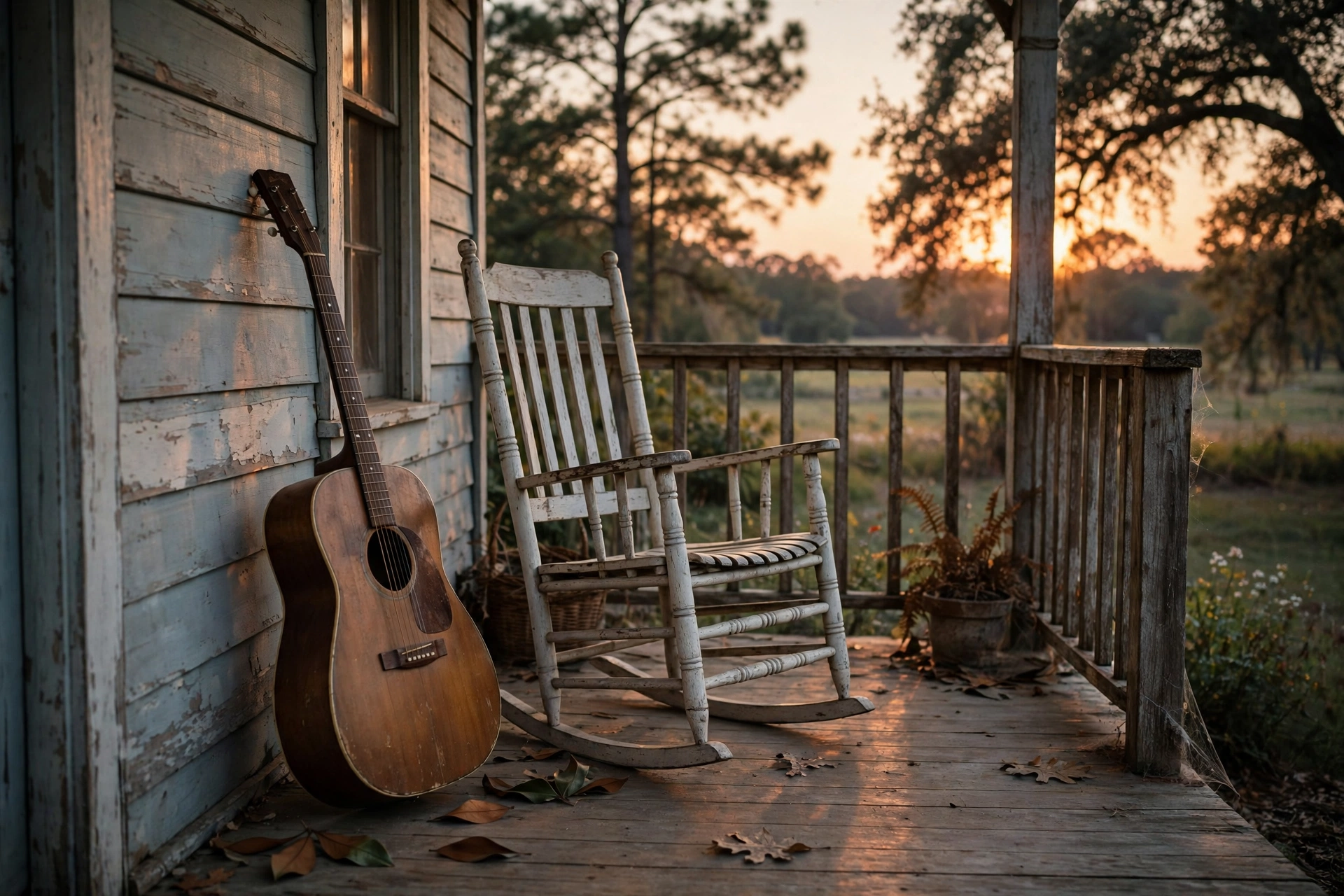 Country porch at dusk with guitar
