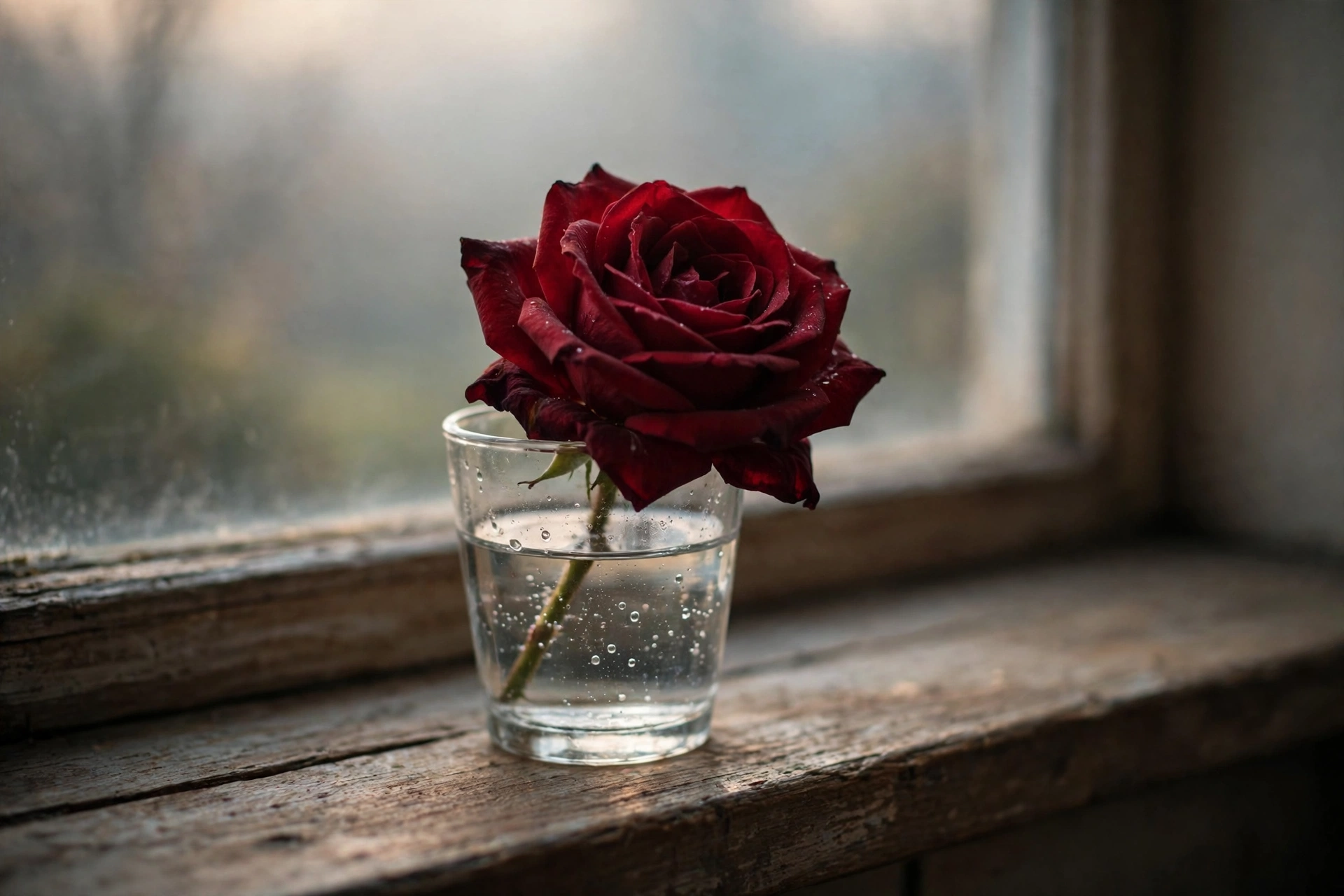 Single red rose in a glass on a windowsill