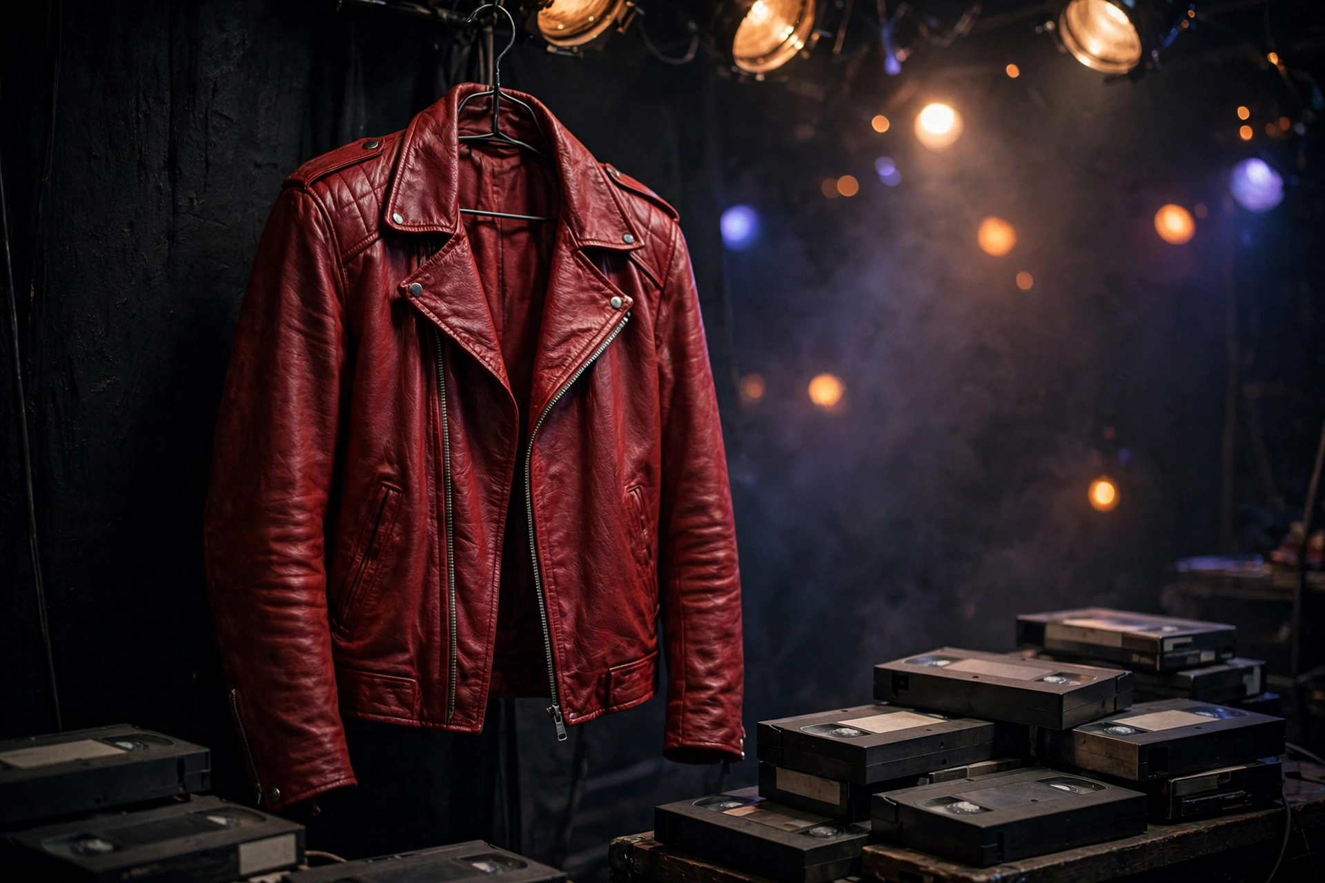 Red leather jacket under stage lights with video tapes, evoking the Thriller music video era