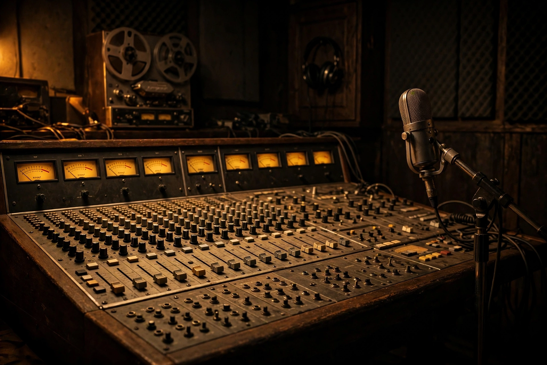 Vintage studio mixing desk with a microphone, evoking the Jackson and Quincy Jones recording sessions