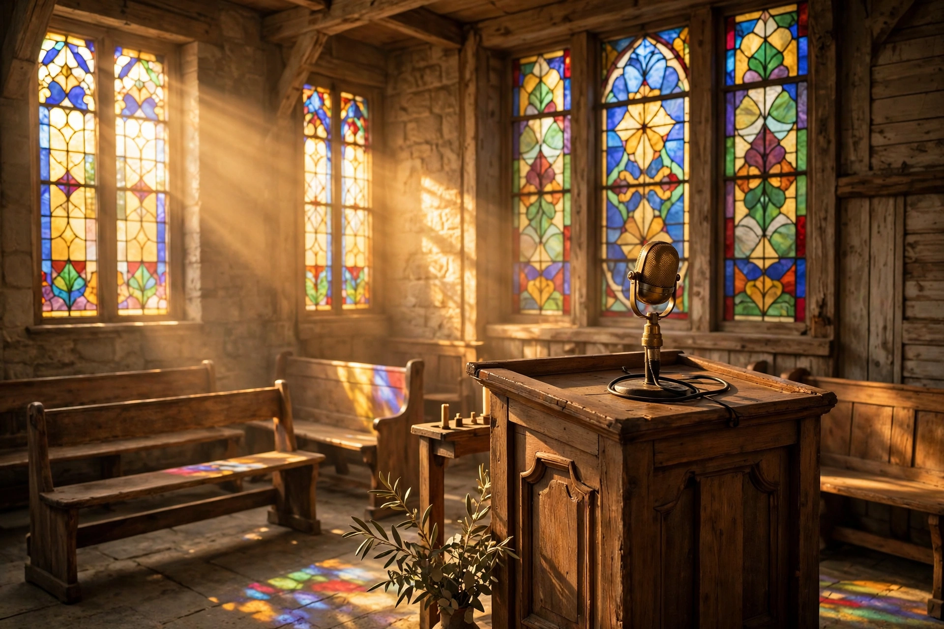 Small church interior with stained glass sunlight and vintage microphone