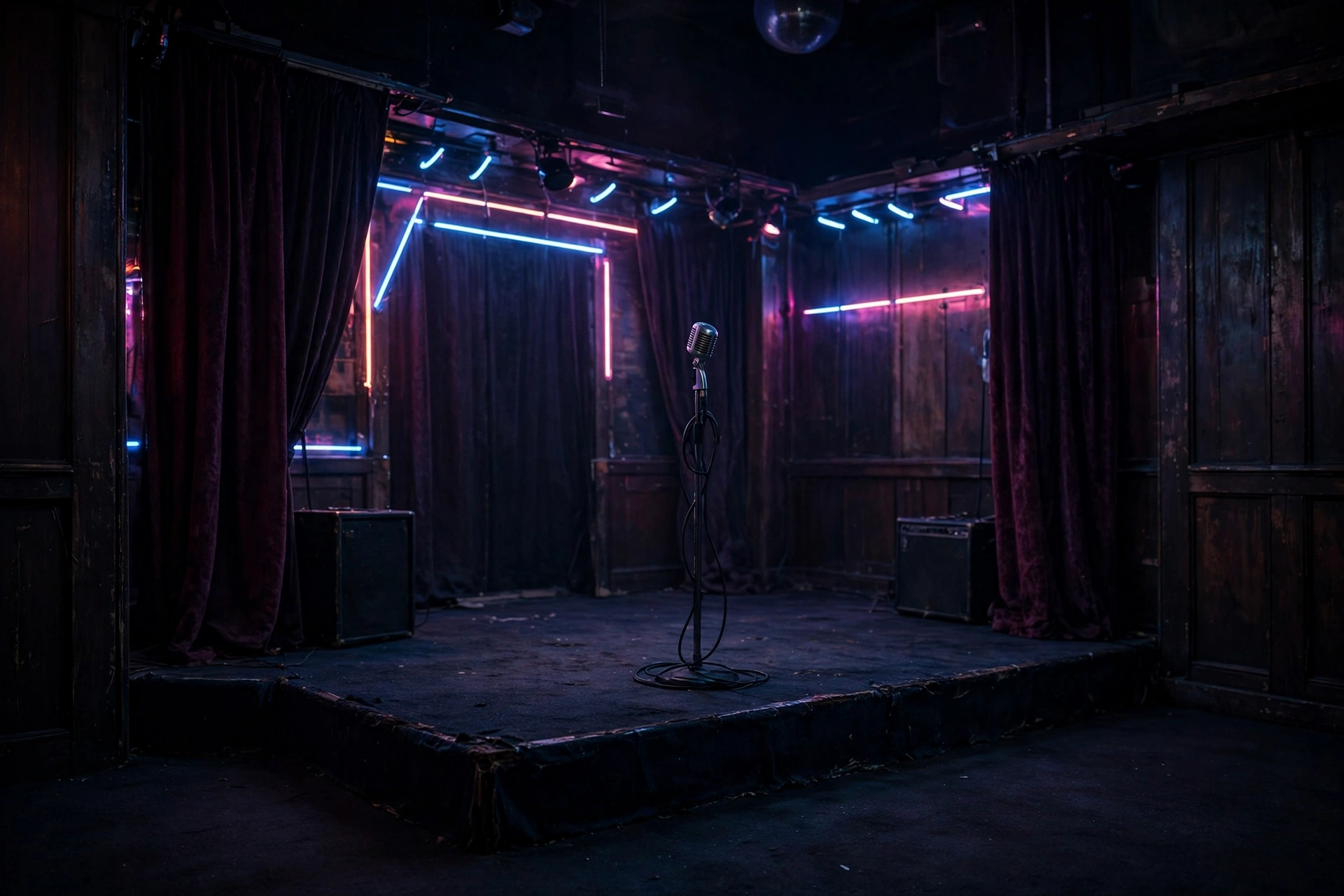 Small 1980s nightclub stage with microphone and neon lights
