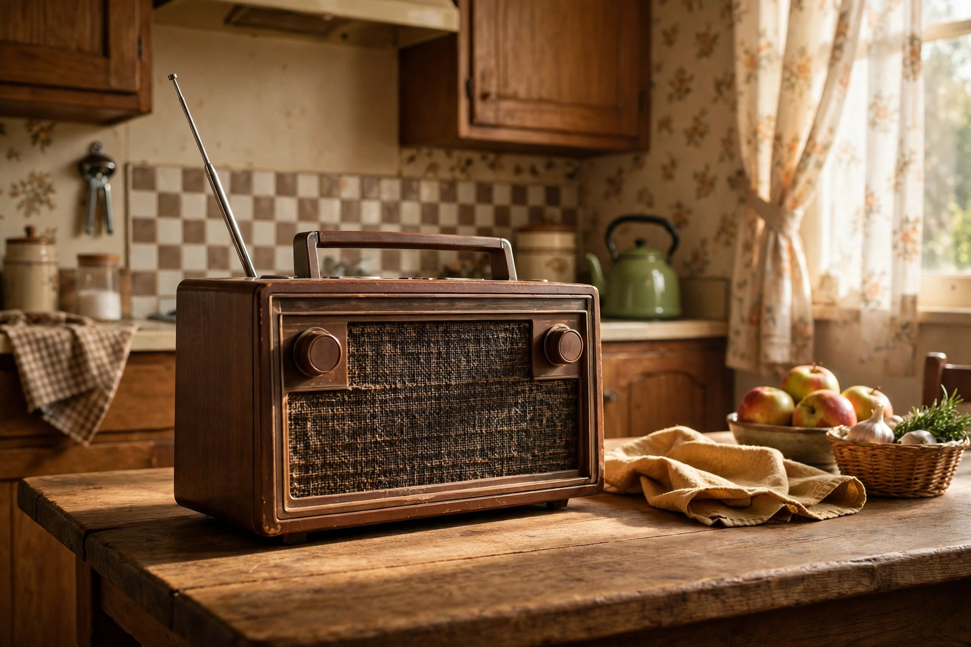 Vintage radio on a wooden kitchen table