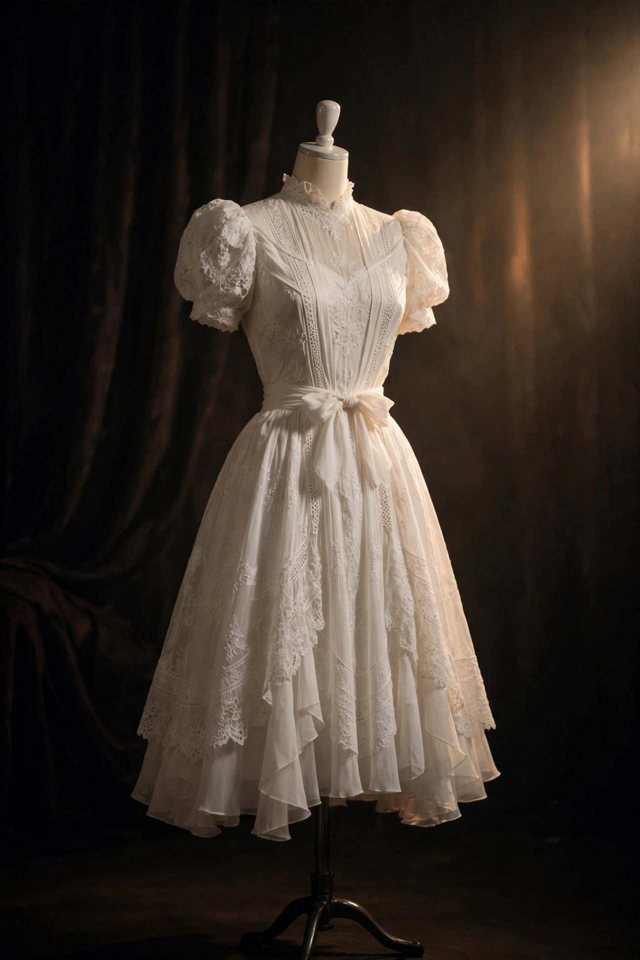 Elegant white lace dress on a mannequin